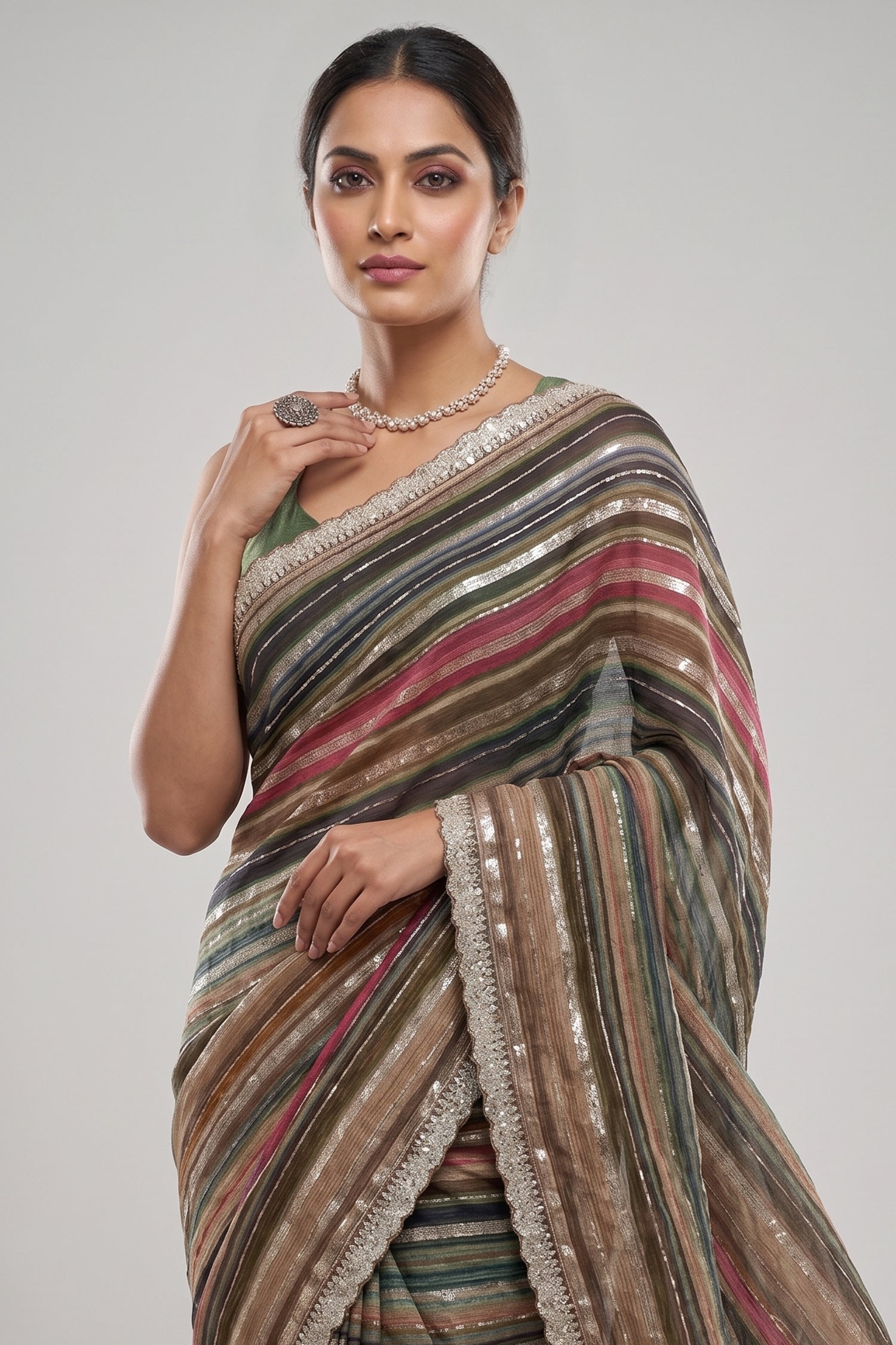 Brown and Multi Colored Georgette Striped Saree with Beads and Cutdana Lace Secondary image