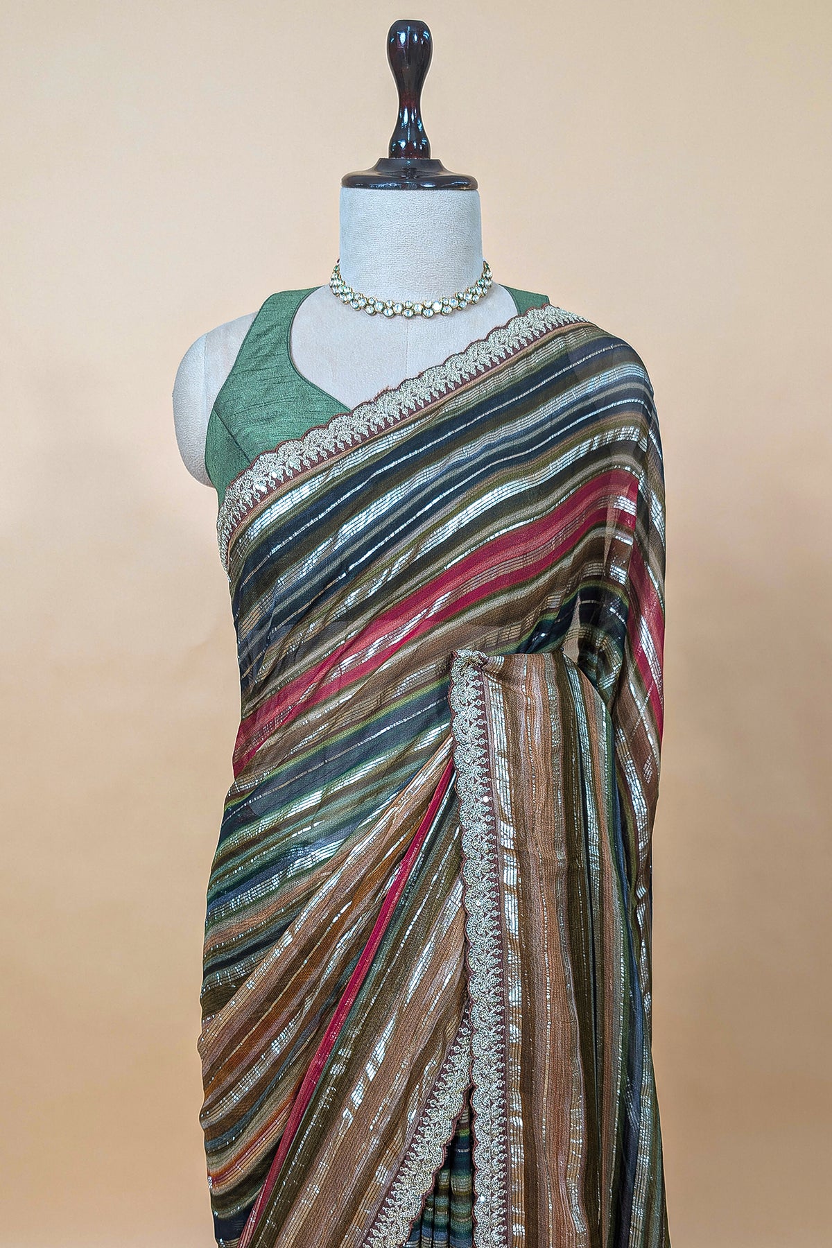 Brown and Multi Colored Georgette Striped Saree with Beads and Cutdana Lace