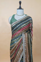 Brown and Multi Colored Georgette Striped Saree with Beads and Cutdana Lace