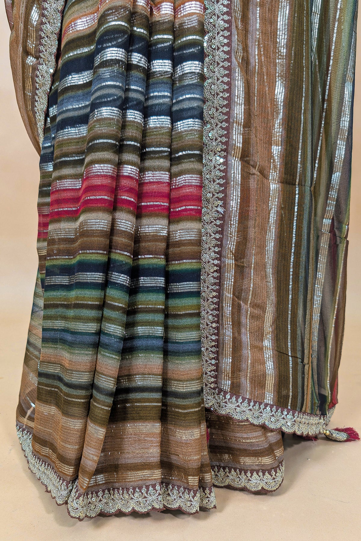 Brown and Multi Colored Georgette Striped Saree with Beads and Cutdana Lace