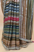 Brown and Multi Colored Georgette Striped Saree with Beads and Cutdana Lace