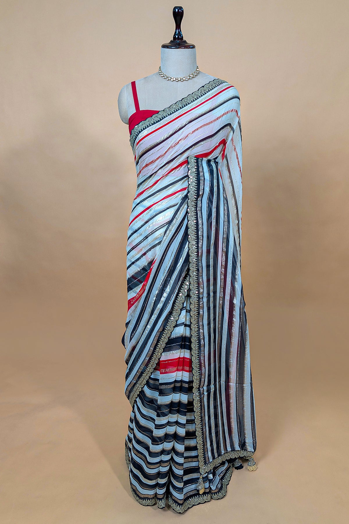 Multi Colored Georgette Striped Saree with Beads and Cutdana Work