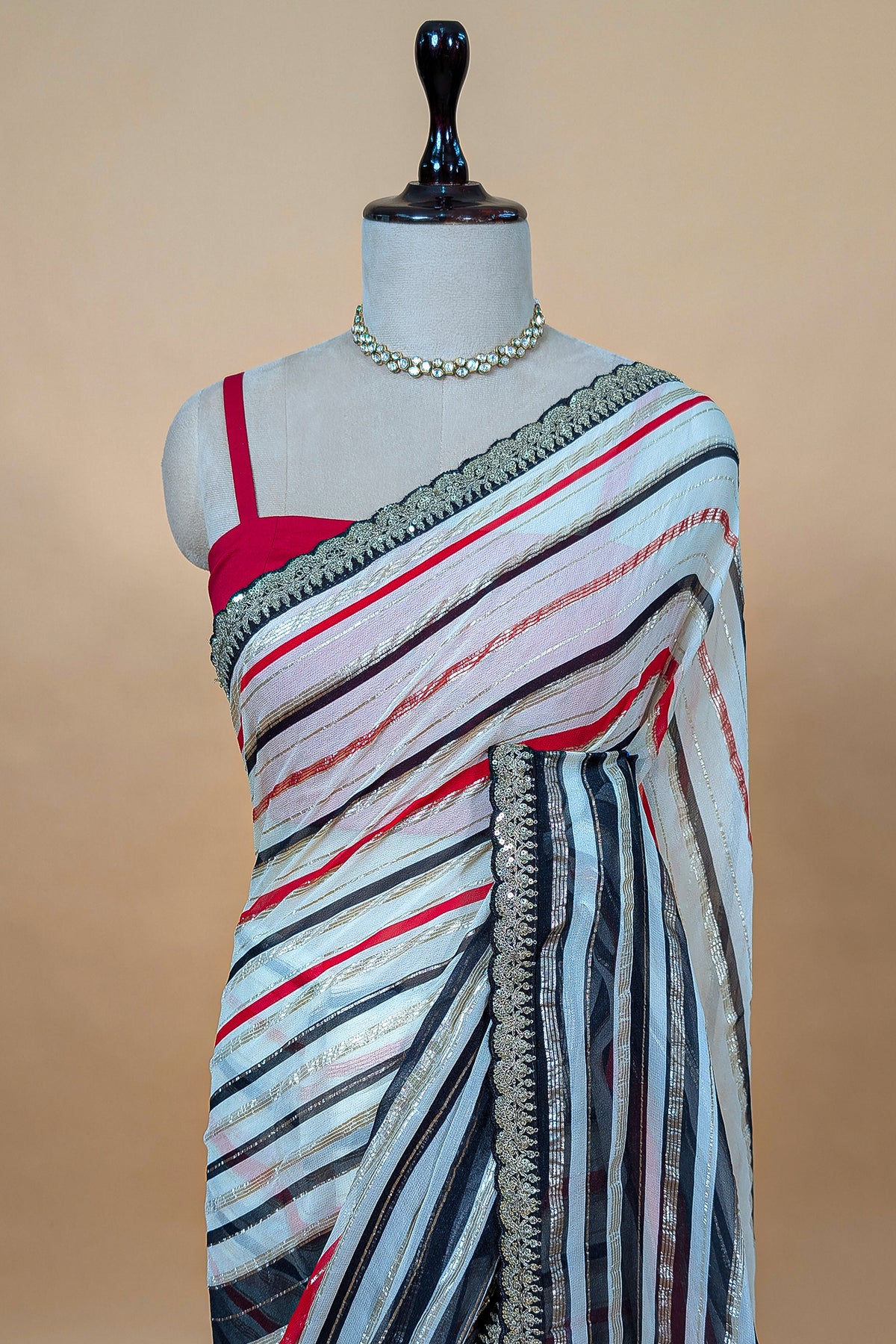 Multi Colored Georgette Striped Saree with Beads and Cutdana Work