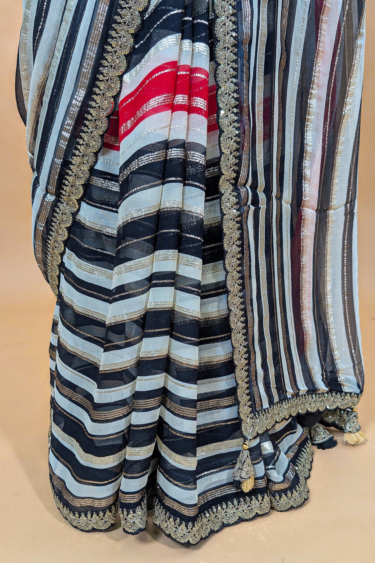 Multi Colored Georgette Striped Saree with Beads and Cutdana Work