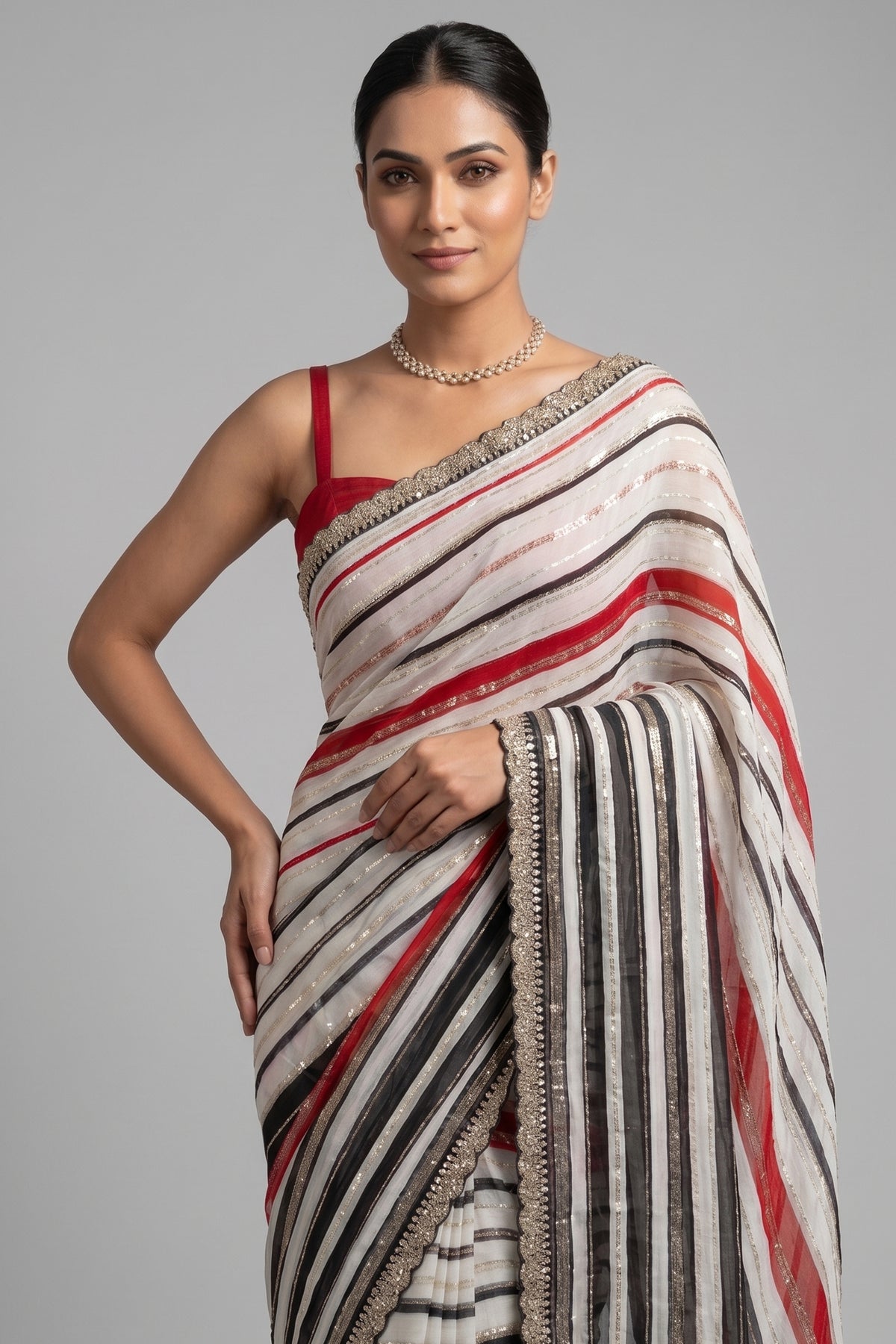 Multi Colored Georgette Striped Saree with Beads and Cutdana Work