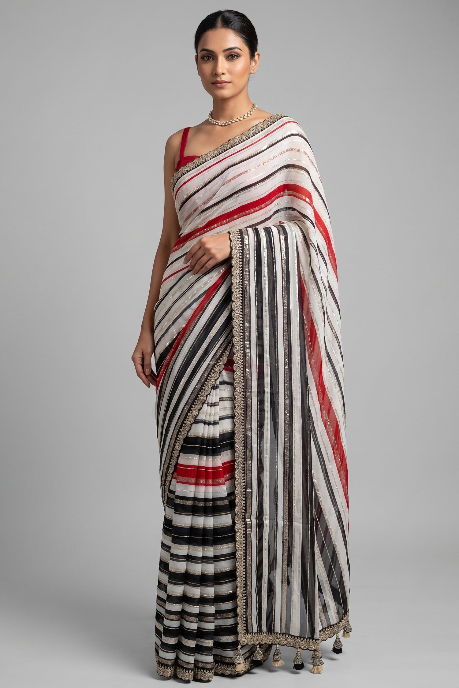 Multi Colored Georgette Striped Saree with Beads and Cutdana Work Main image