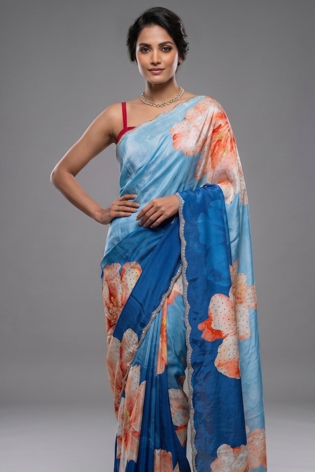Blue Ombre Crepe Silk Floral Printed Saree