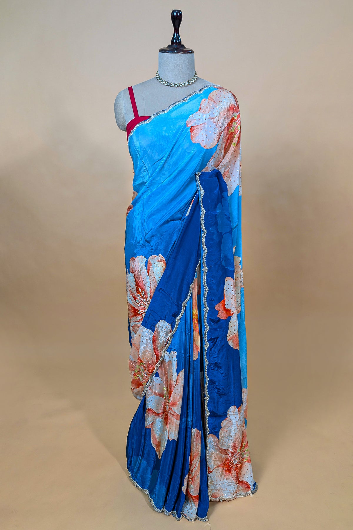 Blue Ombre Crepe Silk Floral Printed Saree