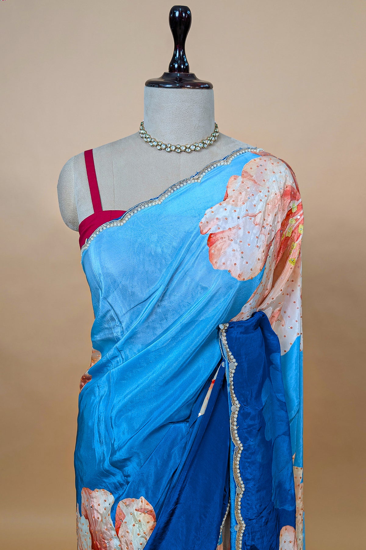 Blue Ombre Crepe Silk Floral Printed Saree