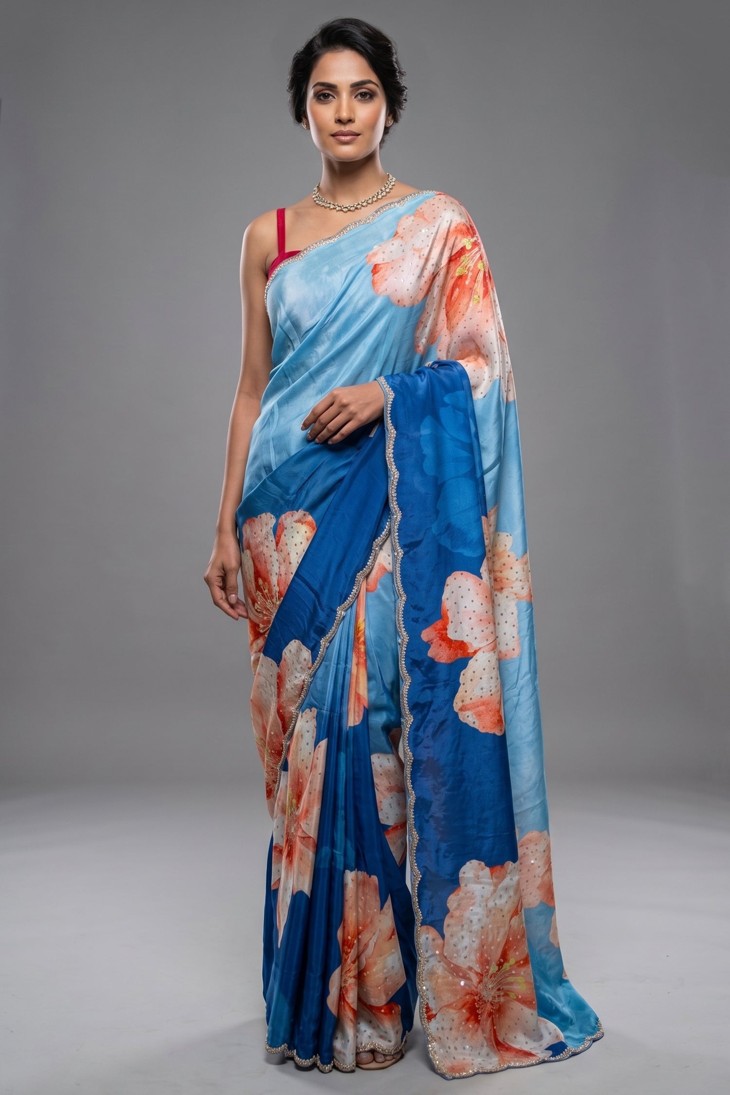 Blue Ombre Crepe Silk Floral Printed Saree Main image