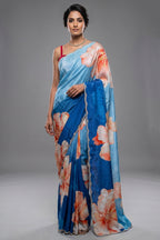 Blue Ombre Crepe Silk Floral Printed Saree