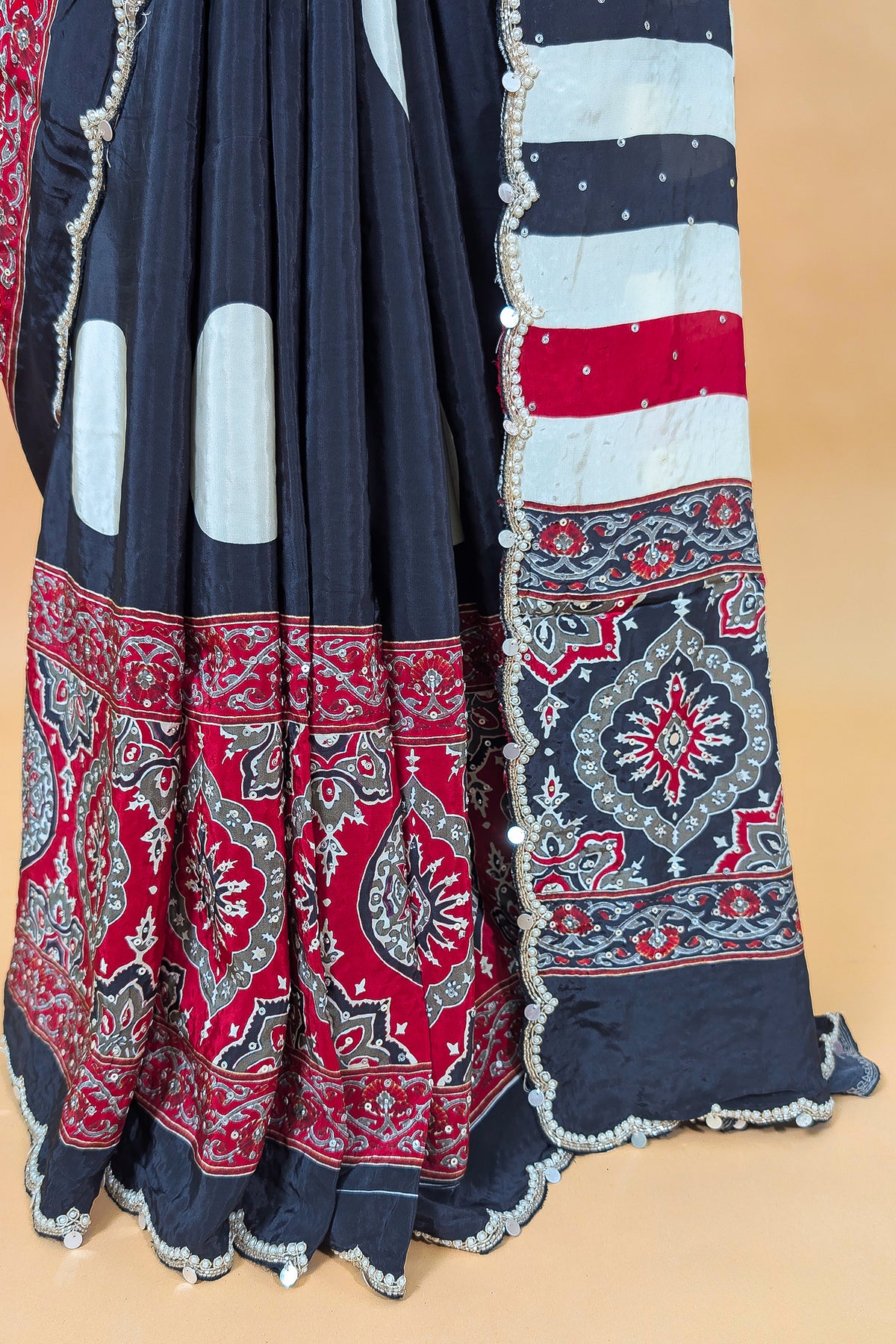 Black Crepe Silk Ajrakh Printed Saree