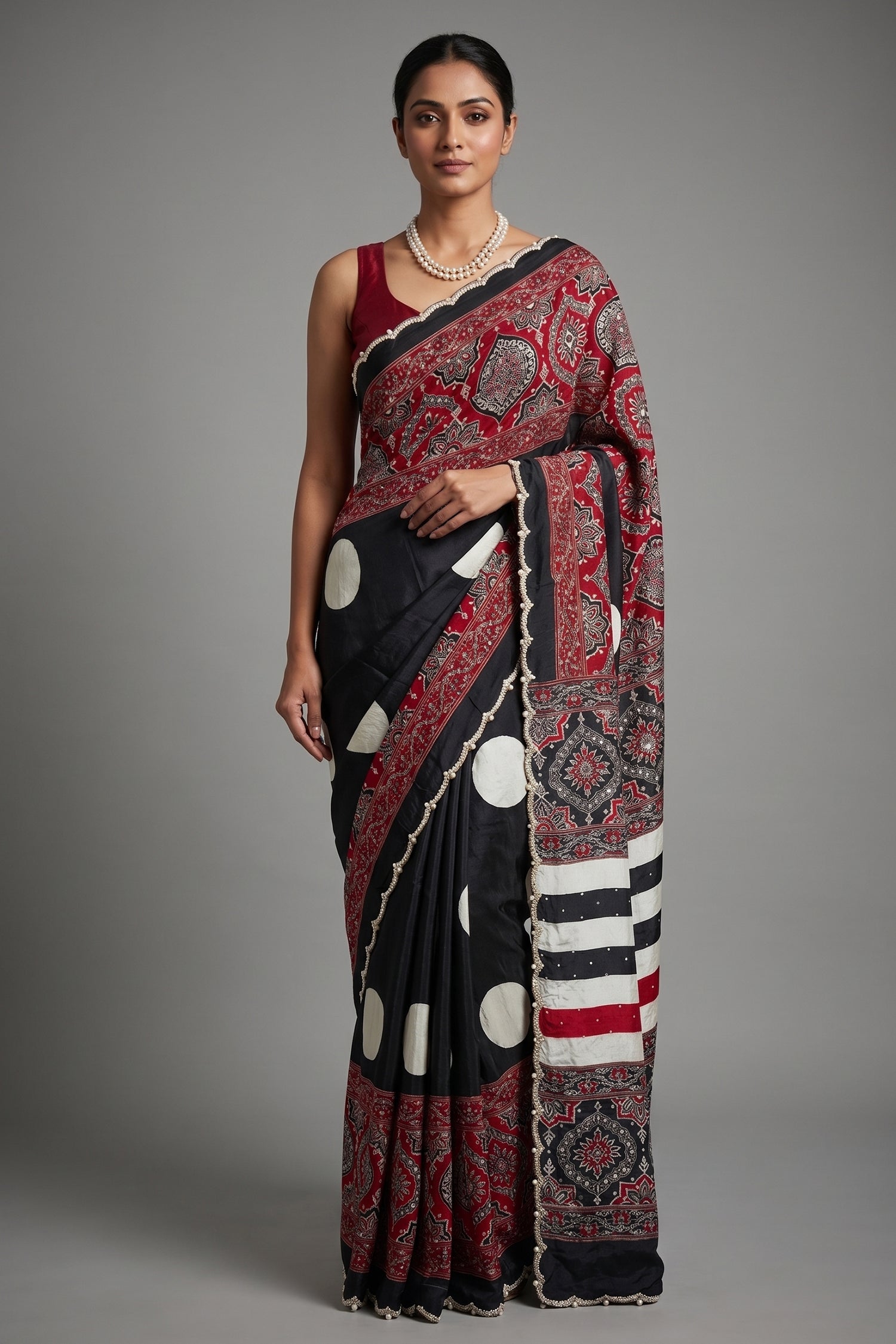 Black Crepe Silk Ajrakh Printed Saree Main image