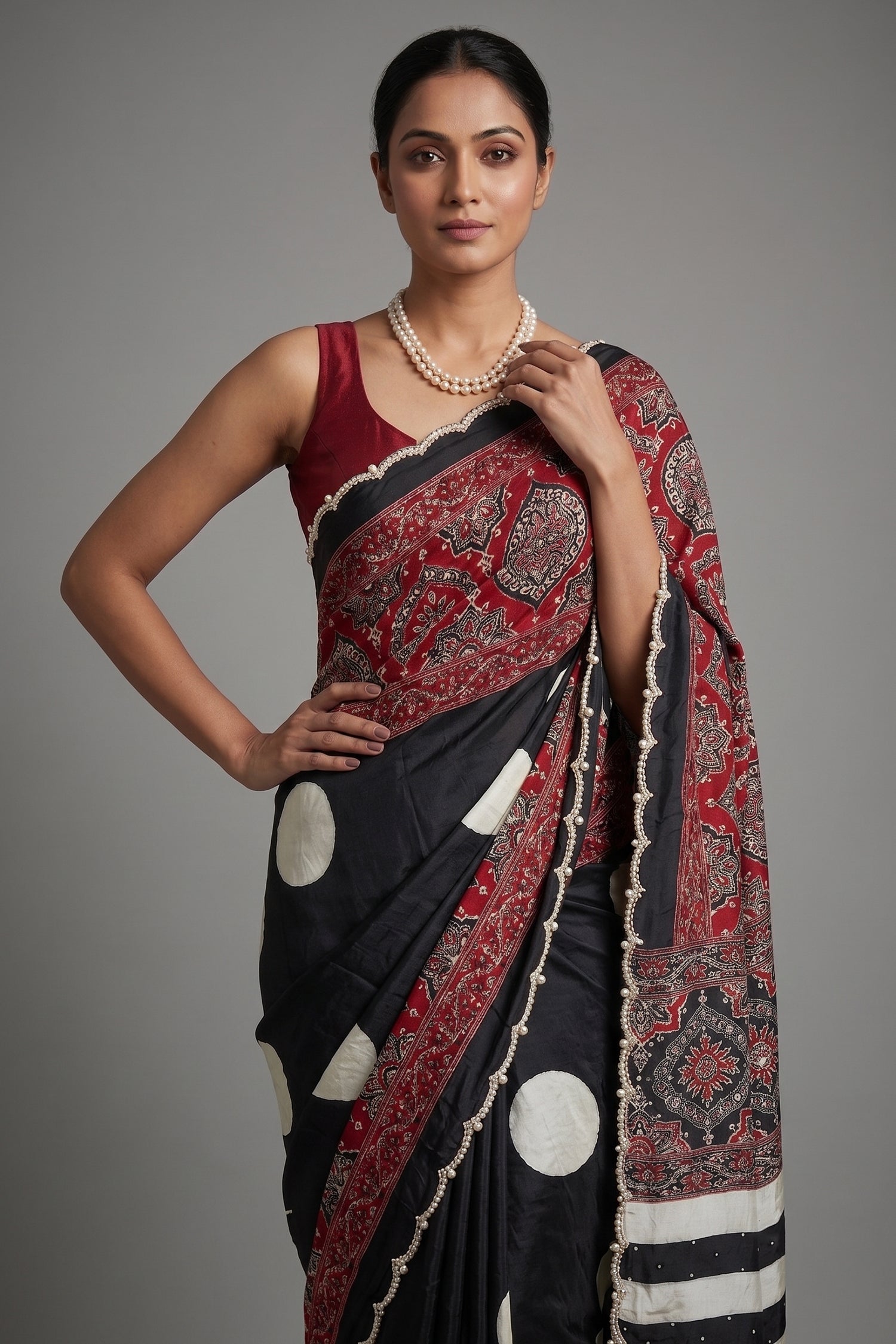 Black Crepe Silk Ajrakh Printed Saree Secondary image