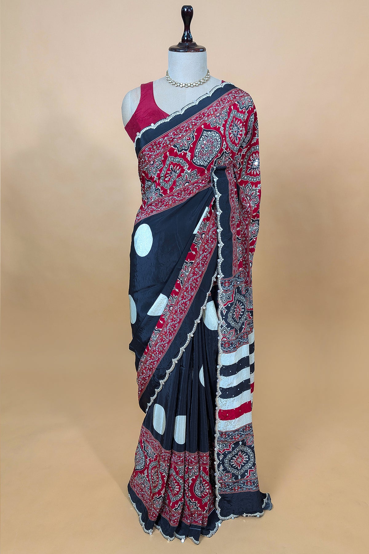 Black Crepe Silk Ajrakh Printed Saree