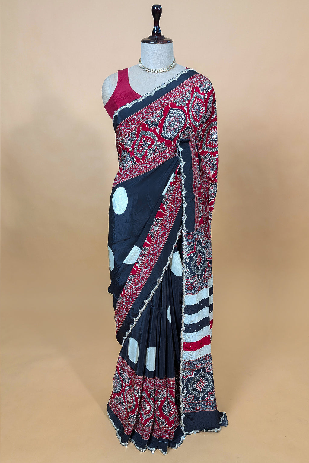 Black Crepe Silk Ajrakh Printed Saree