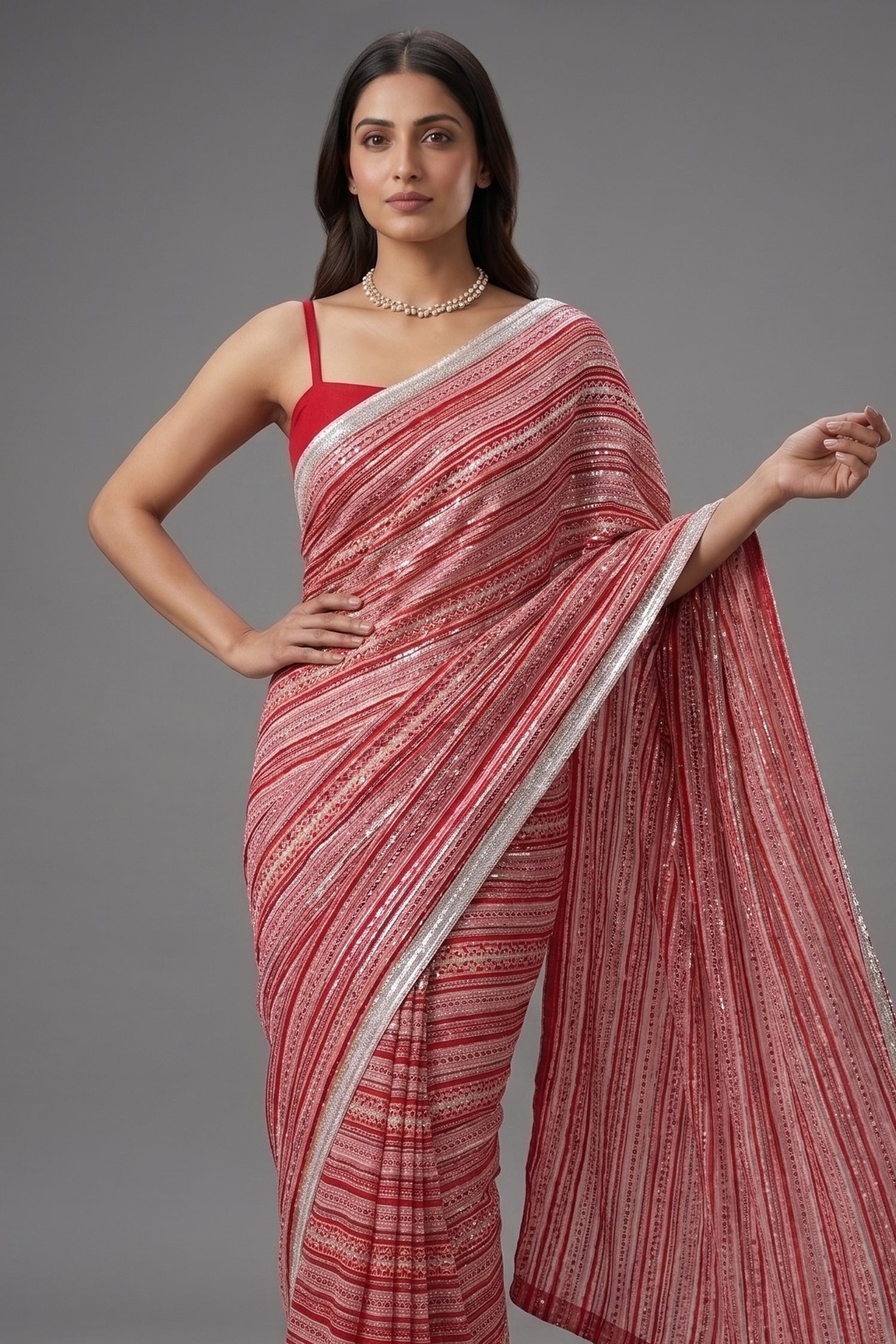 Red Organza Printed Saree Secondary image