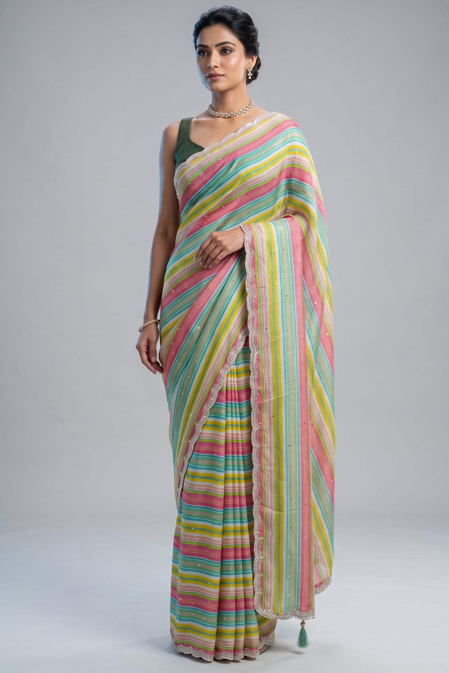 Multi Colored Satin Silk Stripe Printed Saree Main image