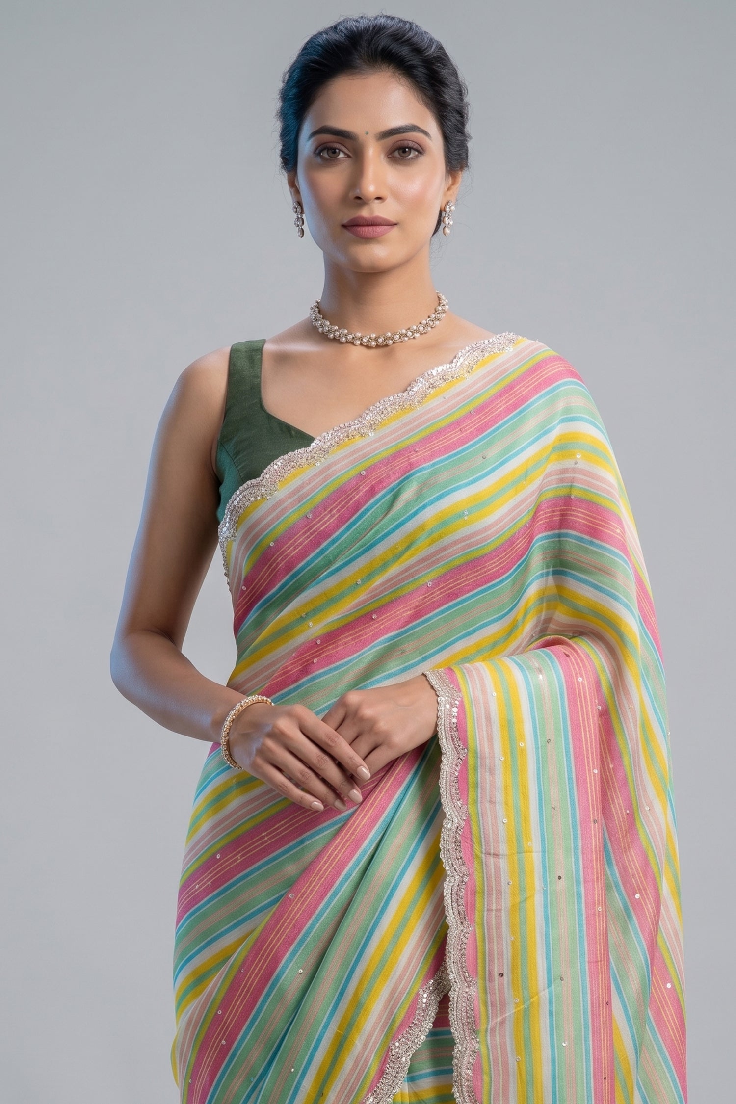 Multi Colored Satin Silk Stripe Printed Saree Secondary image