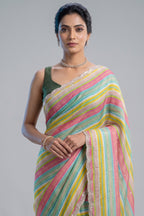 Multi Colored Satin Silk Stripe Printed Saree