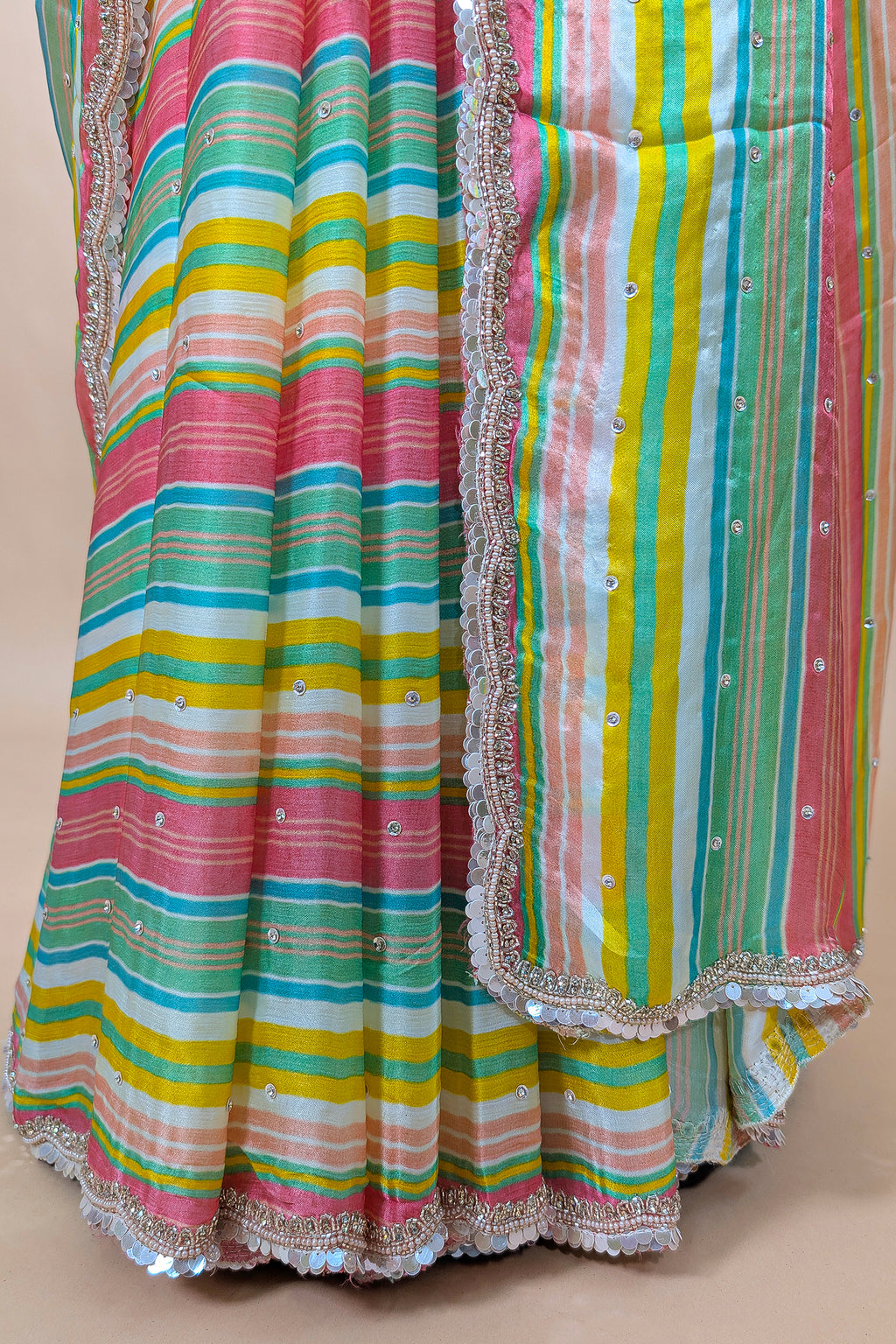 Multi Colored Satin Silk Stripe Printed Saree