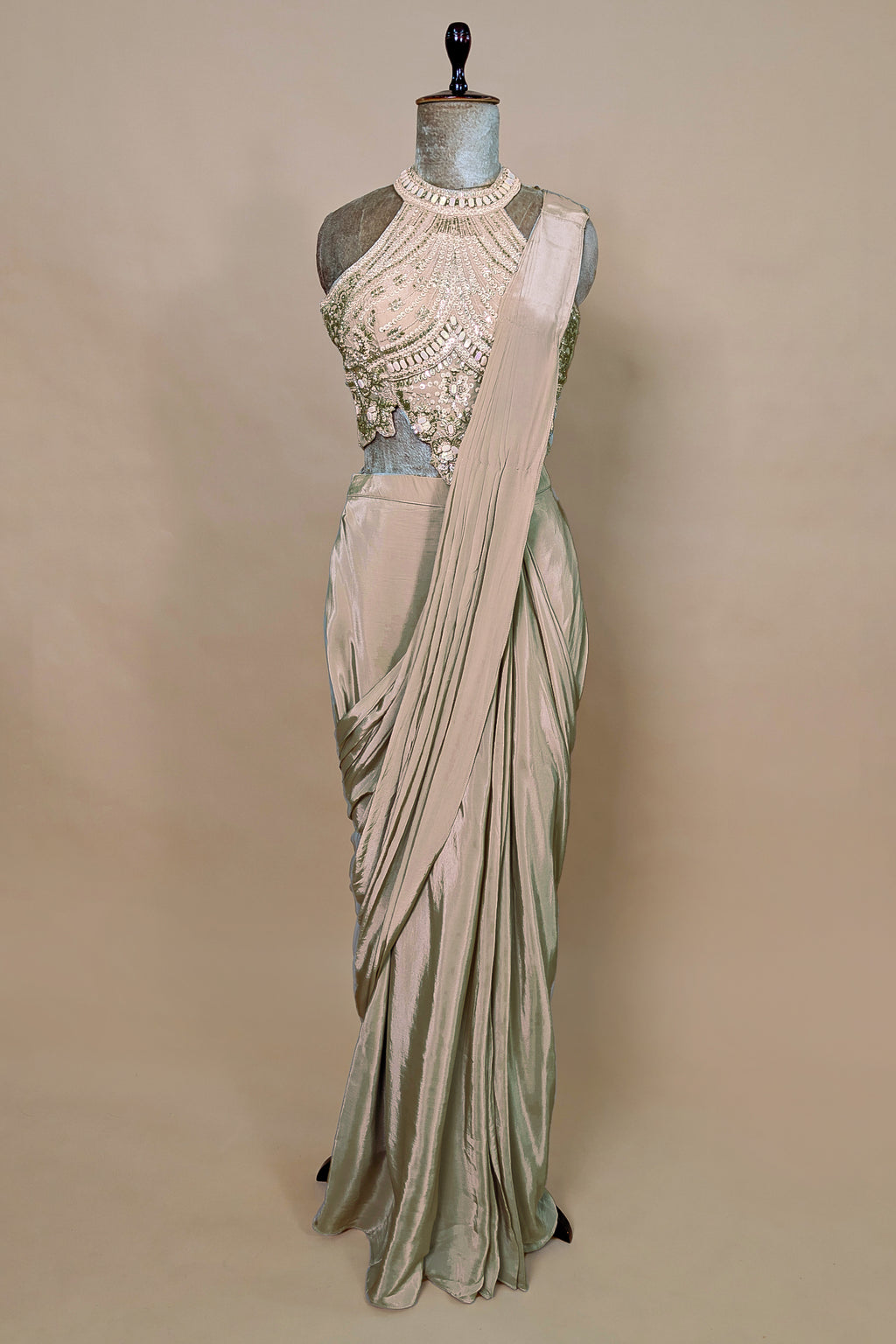 Grey Crepe Silk Pre Draped Saree with Sequin Beaded Halter Neck Blouse