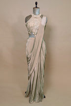 Grey Crepe Silk Pre Draped Saree with Sequin Beaded Halter Neck Blouse
