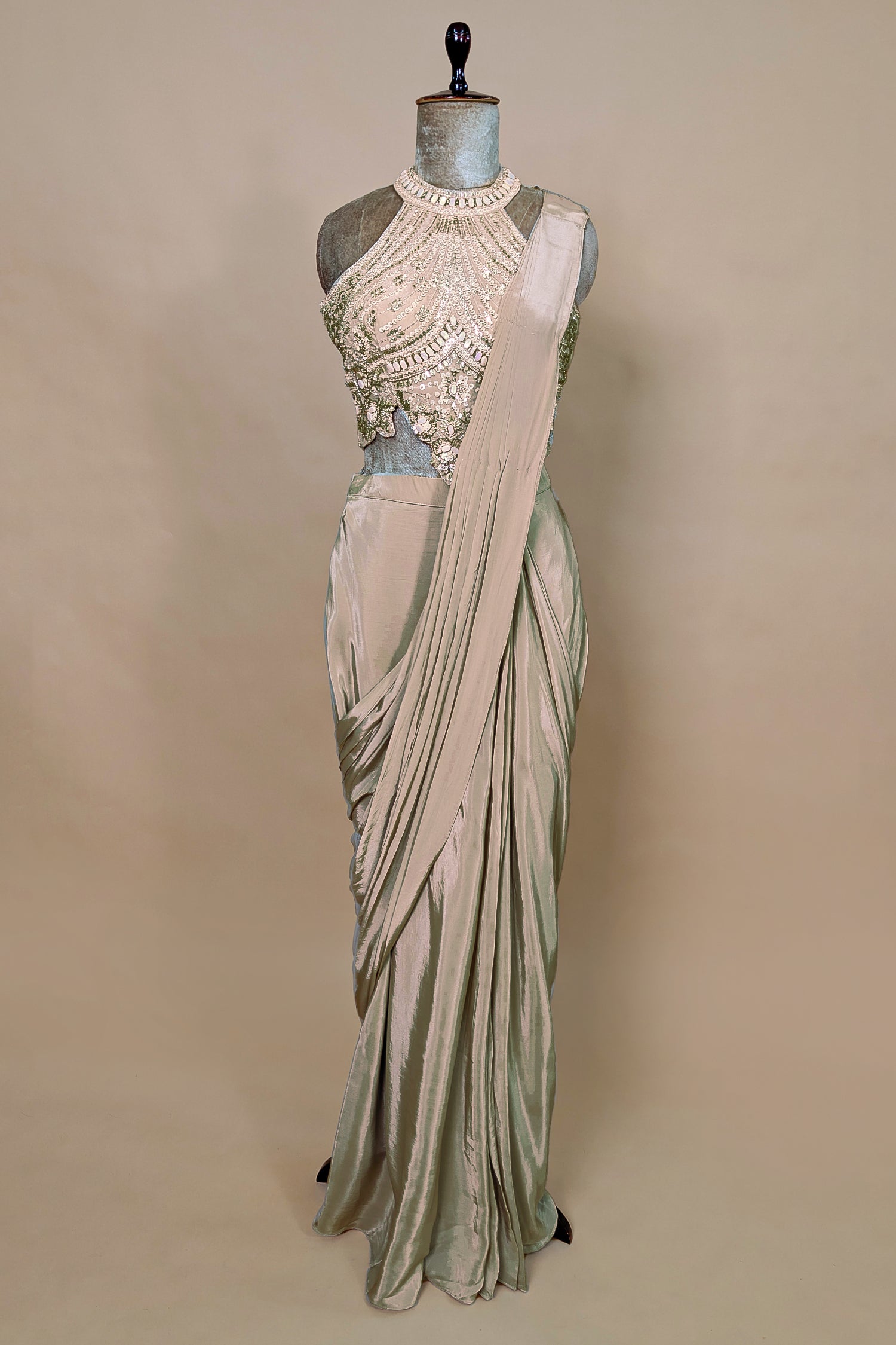 Grey Crepe Silk Pre Draped Saree with Sequin Beaded Halter Neck Blouse