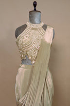 Grey Crepe Silk Pre Draped Saree with Sequin Beaded Halter Neck Blouse