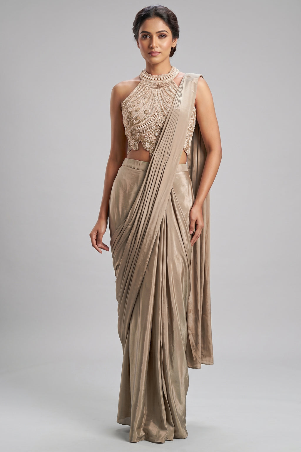 Grey Crepe Silk Pre Draped Saree with Sequin Beaded Halter Neck Blouse