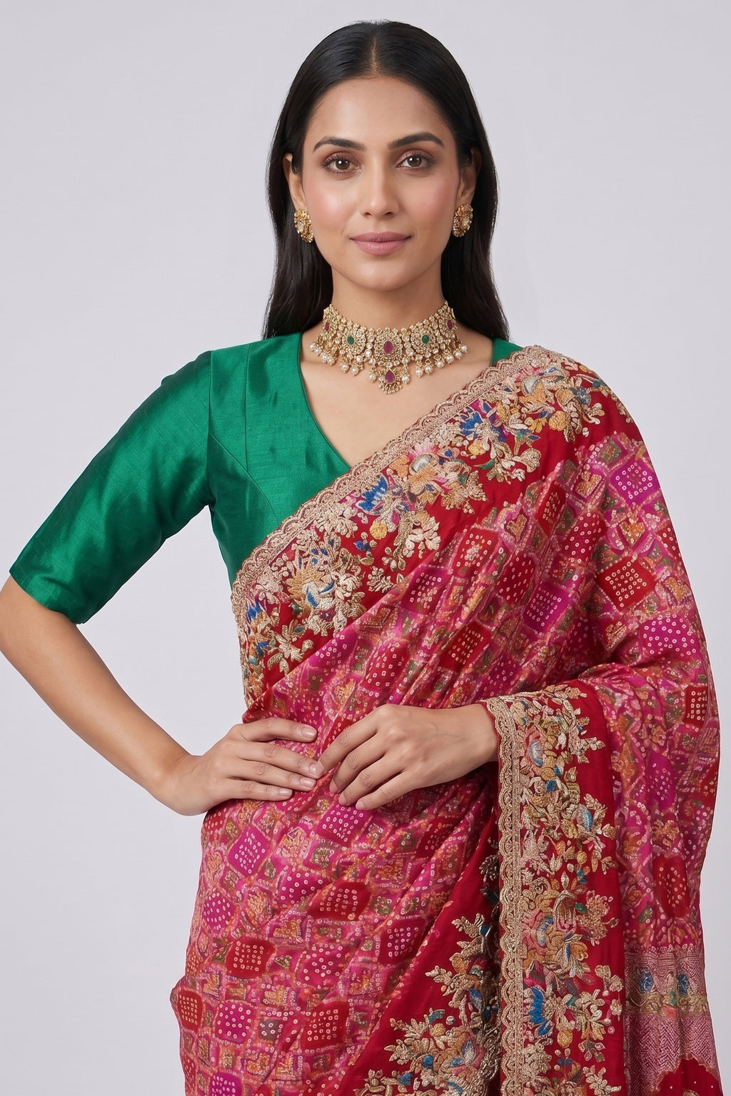 Pink Georgette Bandhej Saree with Handwork Embroidered Pallu