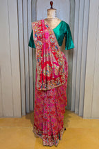 Pink Georgette Bandhej Saree with Handwork Embroidered Pallu