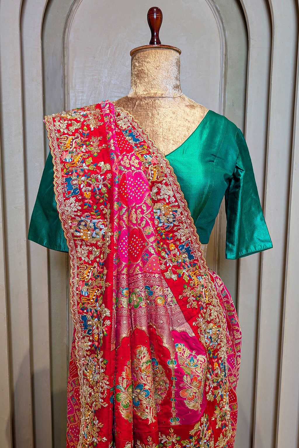 Pink Georgette Bandhej Saree with Handwork Embroidered Pallu