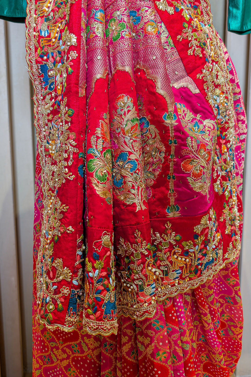 Pink Georgette Bandhej Saree with Handwork Embroidered Pallu