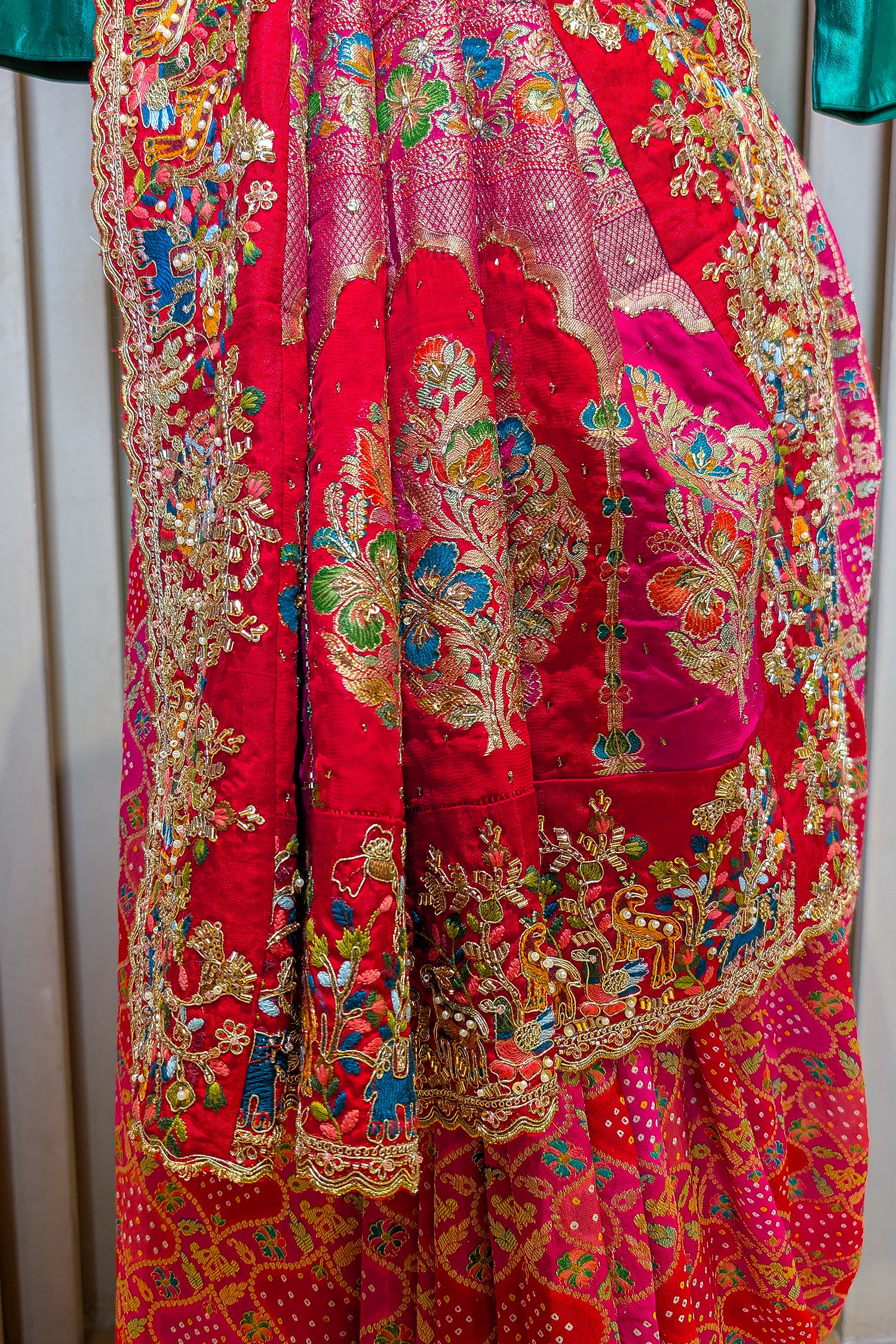 Pink Georgette Bandhej Saree with Handwork Embroidered Pallu