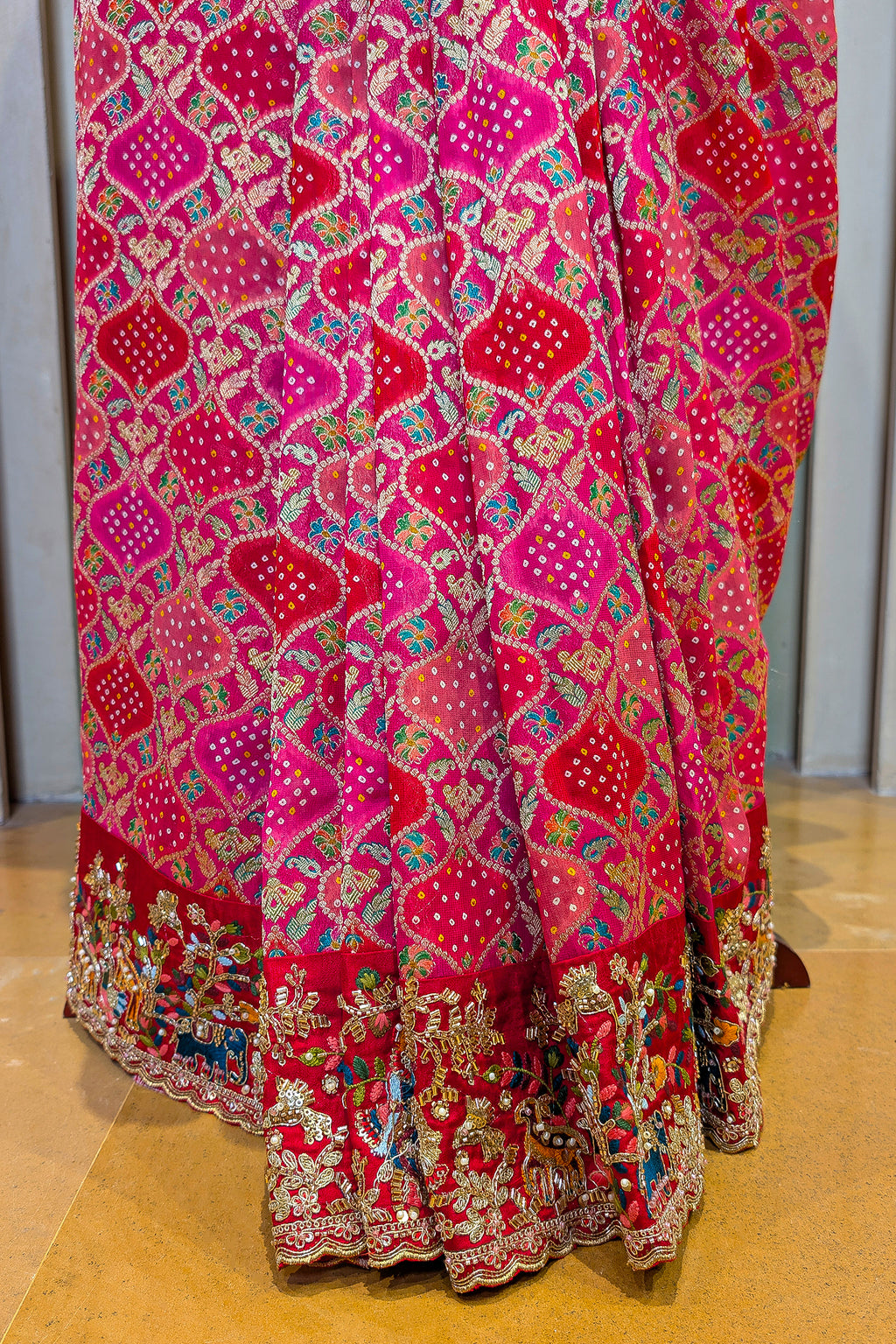 Pink Georgette Bandhej Saree with Handwork Embroidered Pallu