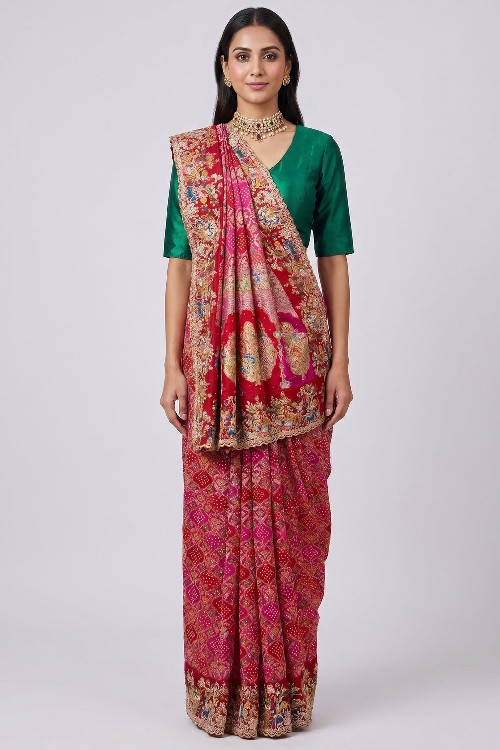 Pink Georgette Bandhej Saree with Handwork Embroidered Pallu