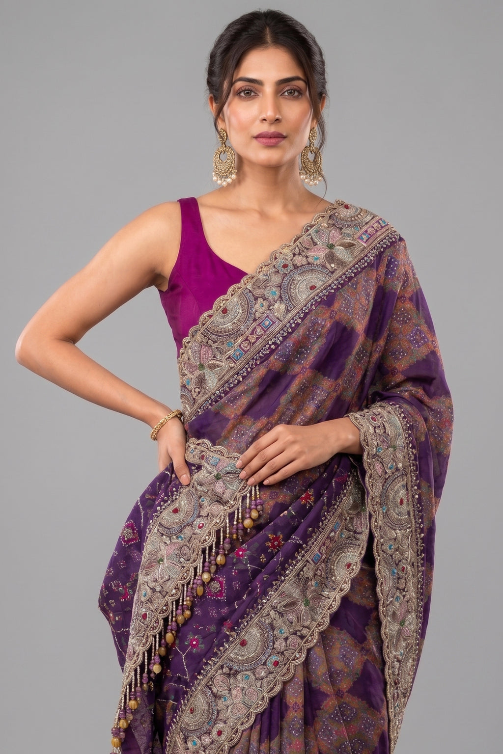 Purple Georgette Bandhej Saree with Handwork Patola Pallu