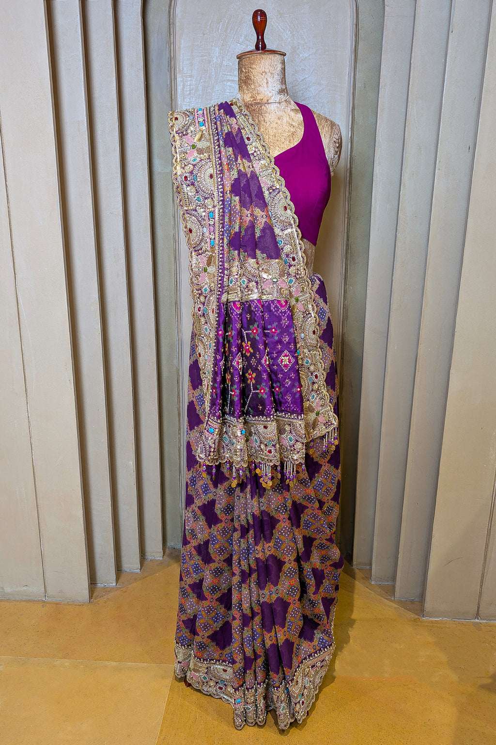 Purple Georgette Bandhej Saree with Handwork Patola Pallu