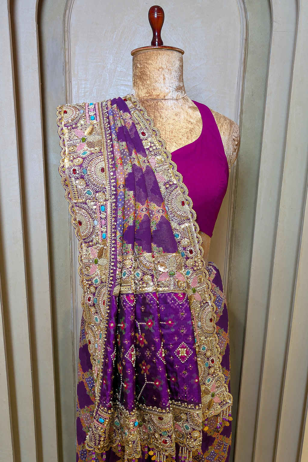 Purple Georgette Bandhej Saree with Handwork Patola Pallu