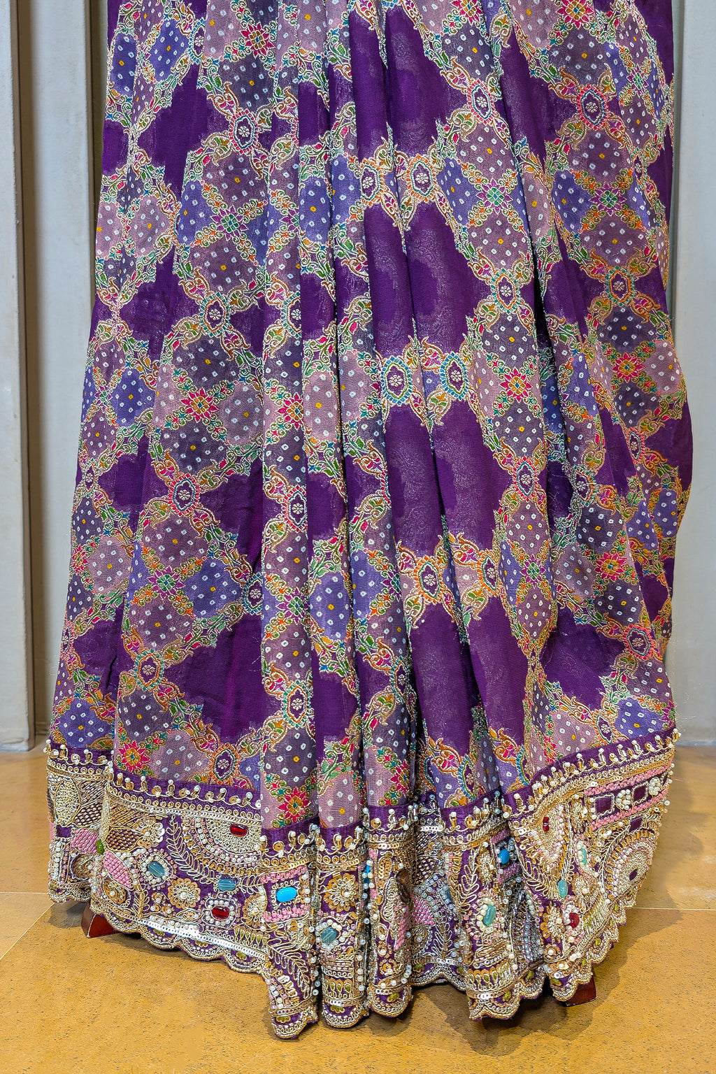 Purple Georgette Bandhej Saree with Handwork Patola Pallu