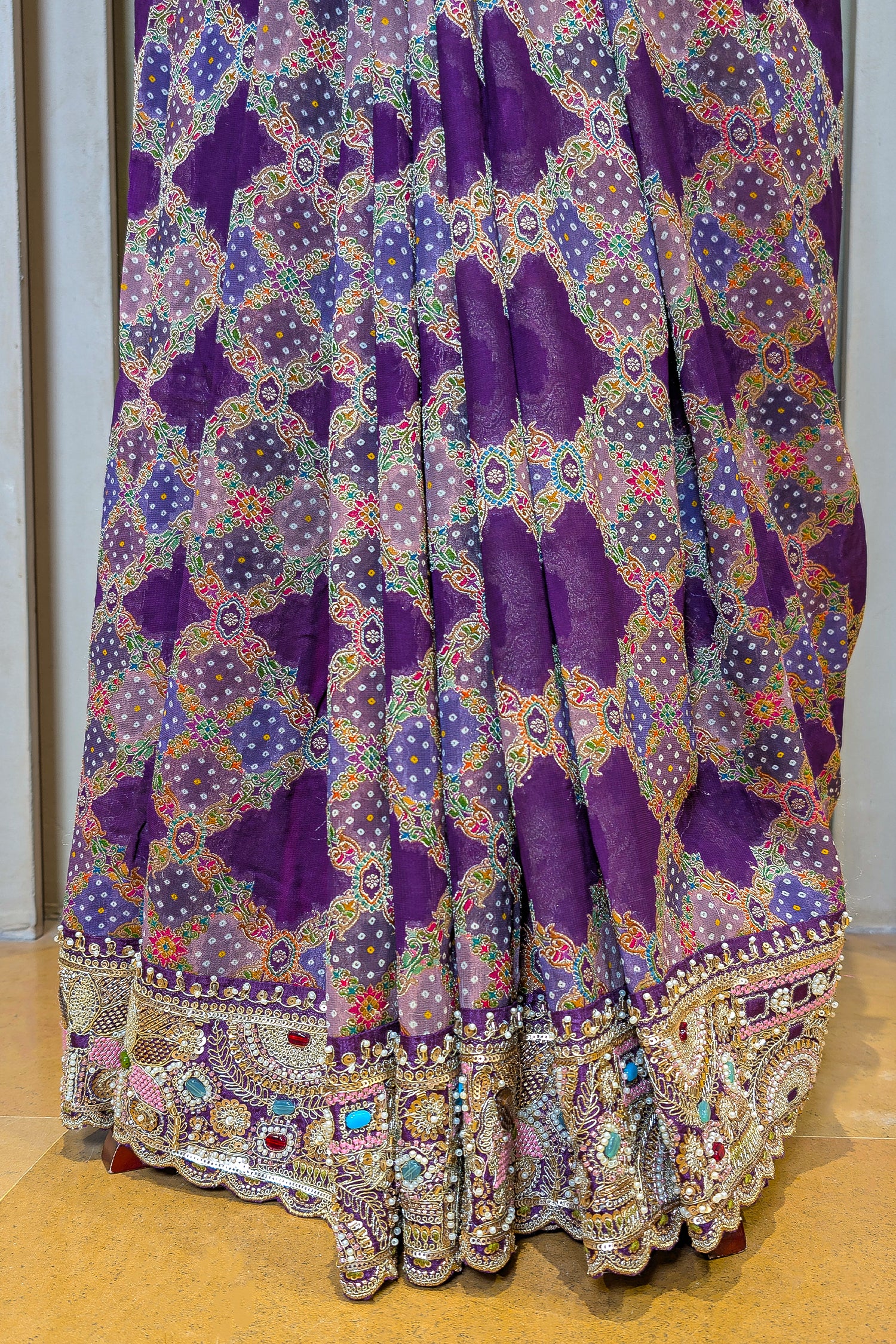 Purple Georgette Bandhej Saree with Handwork Patola Pallu
