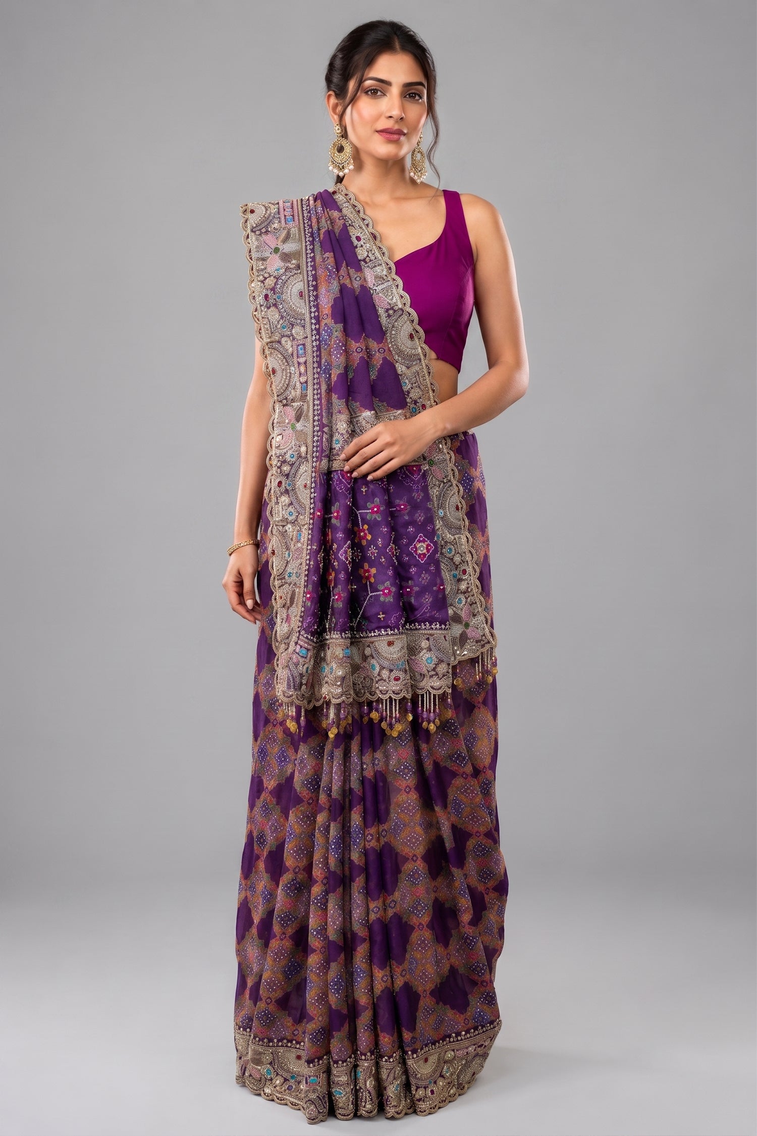 Purple Georgette Bandhej Saree with Handwork Patola Pallu
