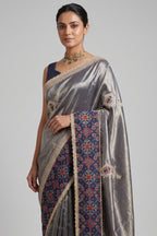 Blue Tissue Patch Worked Saree with Patola Border