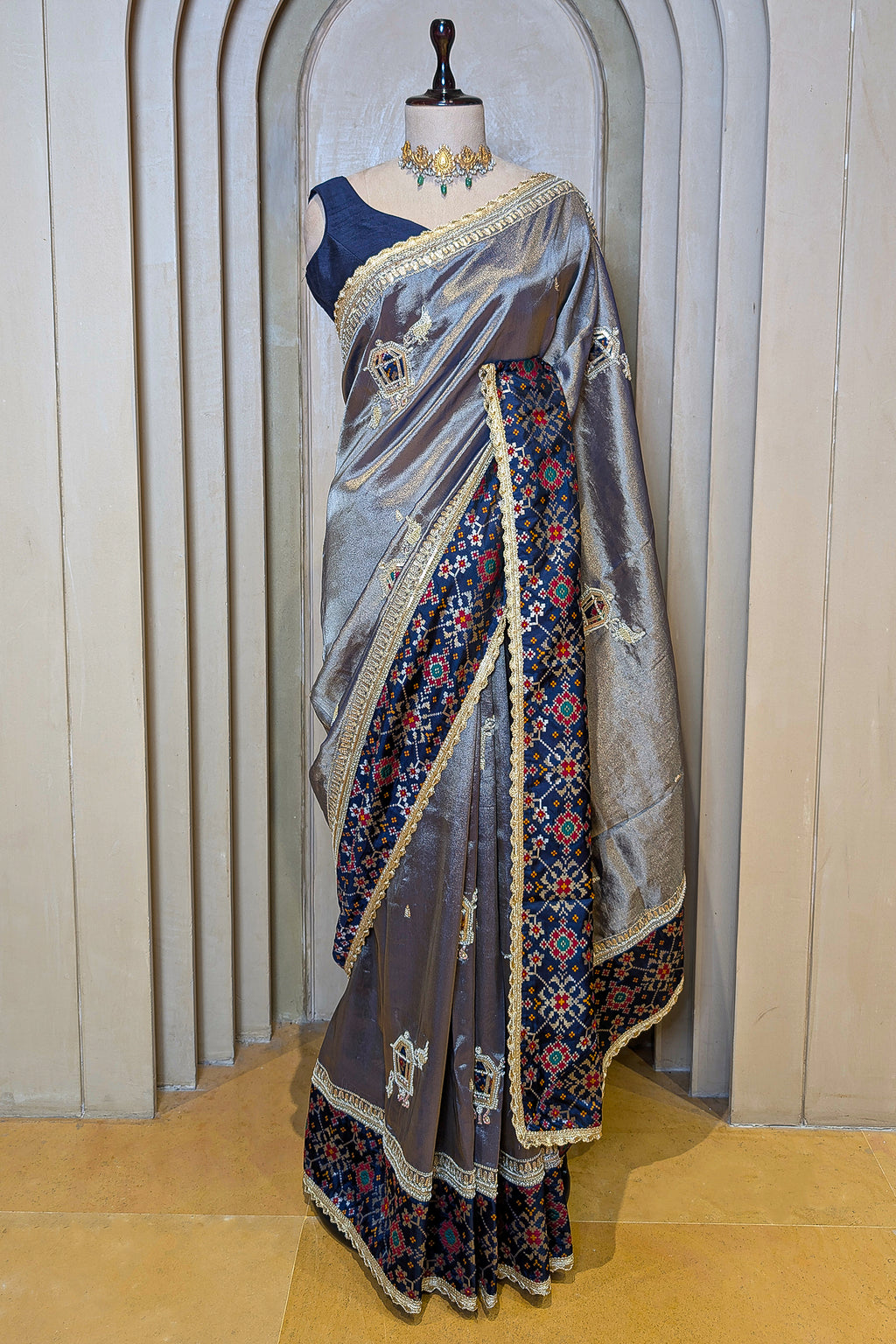 Blue Tissue Patch Worked Saree with Patola Border