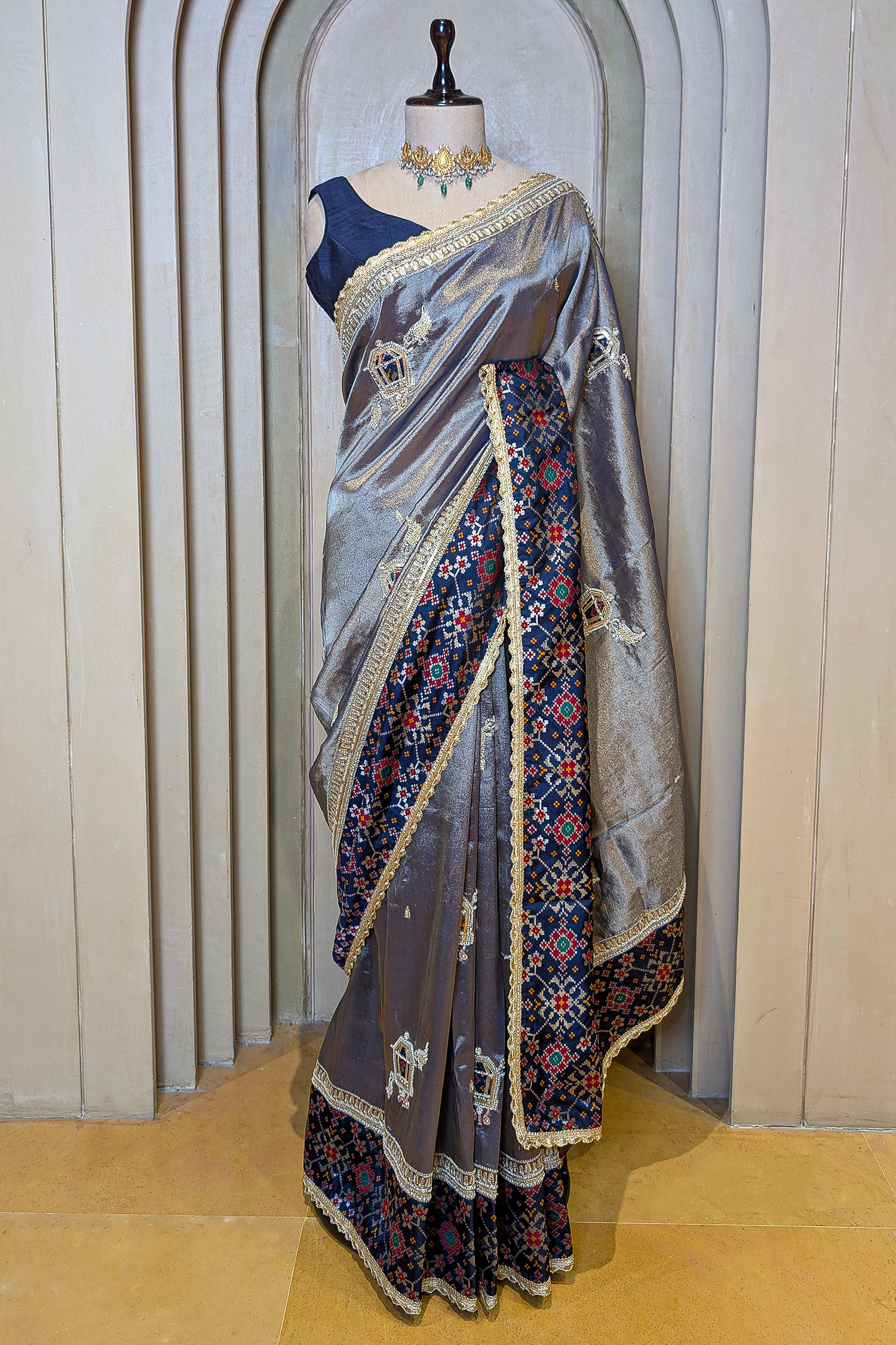 Blue Tissue Patch Worked Saree with Patola Border