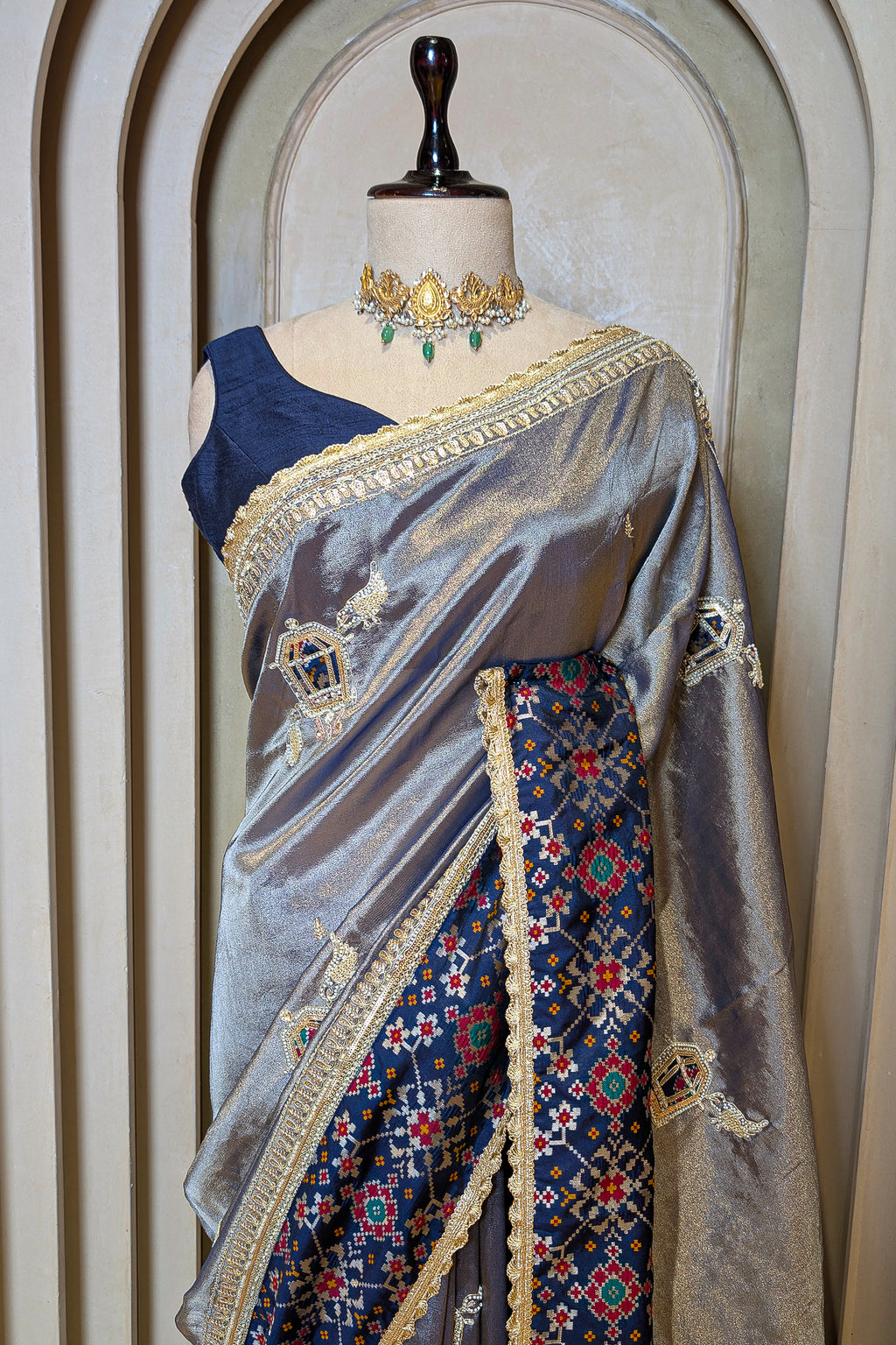 Blue Tissue Patch Worked Saree with Patola Border