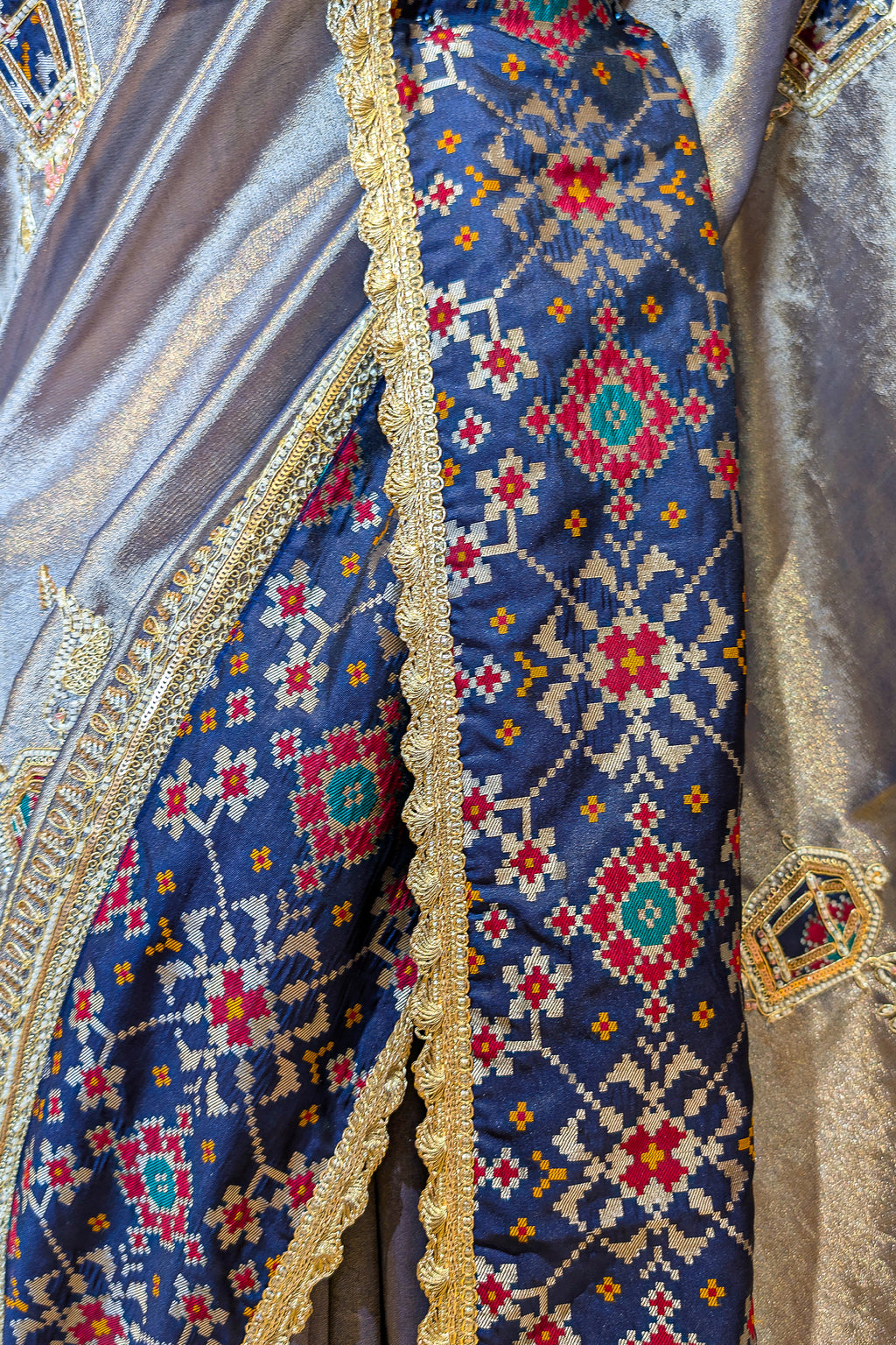 Blue Tissue Patch Worked Saree with Patola Border