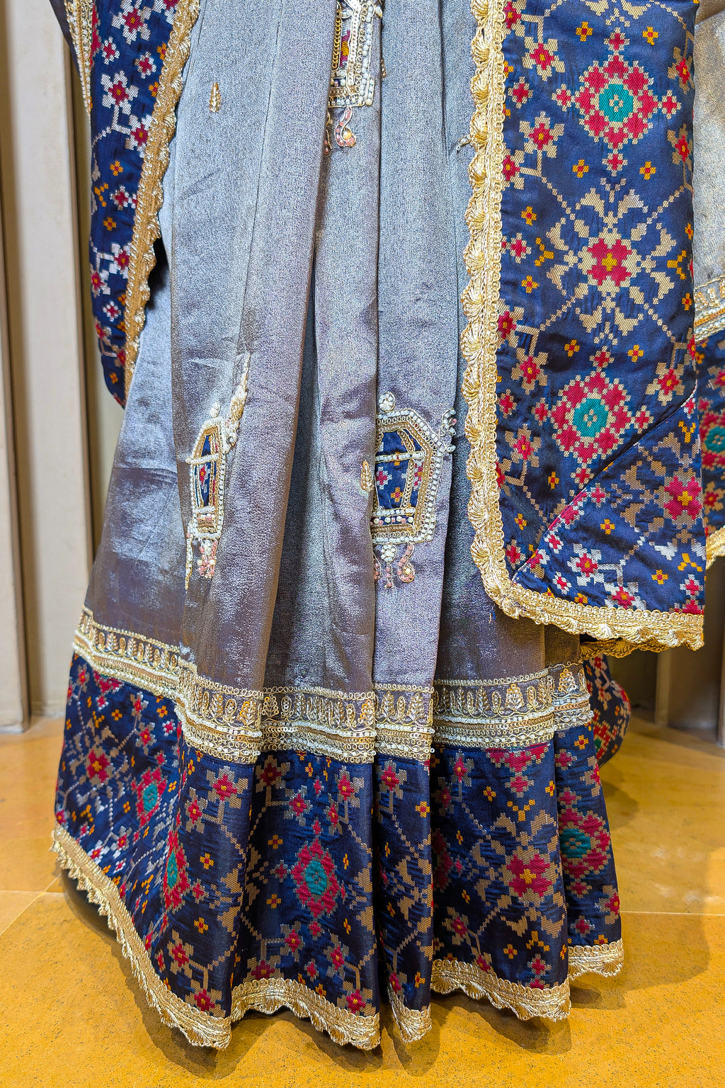 Blue Tissue Patch Worked Saree with Patola Border