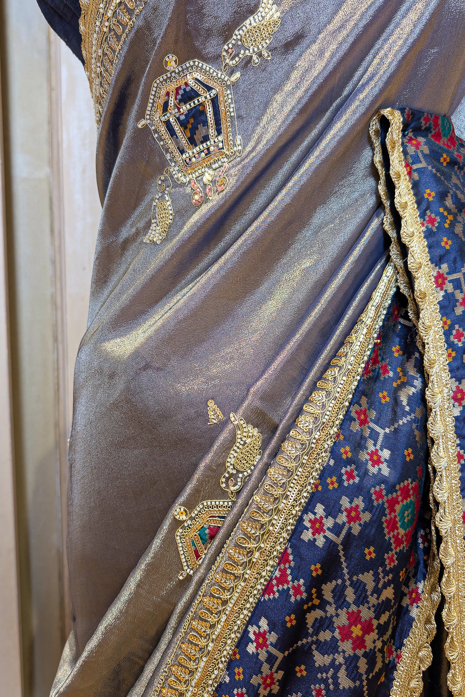 Blue Tissue Patch Worked Saree with Patola Border